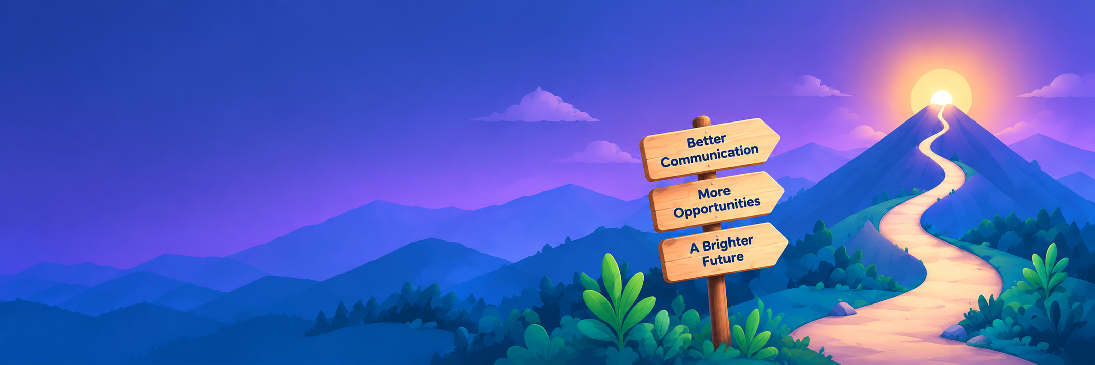 A winding path through purple mountains leading to a rising sun, with wooden signposts reading Better Communication, More Opportunities, and A Brighter Future